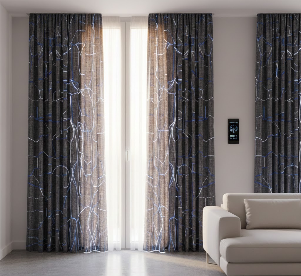 Modern living room with smart curtains